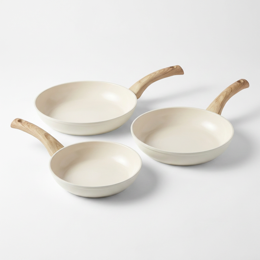 Set 3 Poêles Induction Sans PFAS — Céramique Ivoire