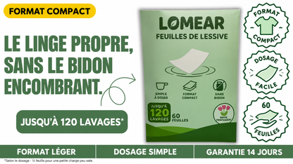 Paquet de feuilles de lessive LOMEAR présenté sur fond clair