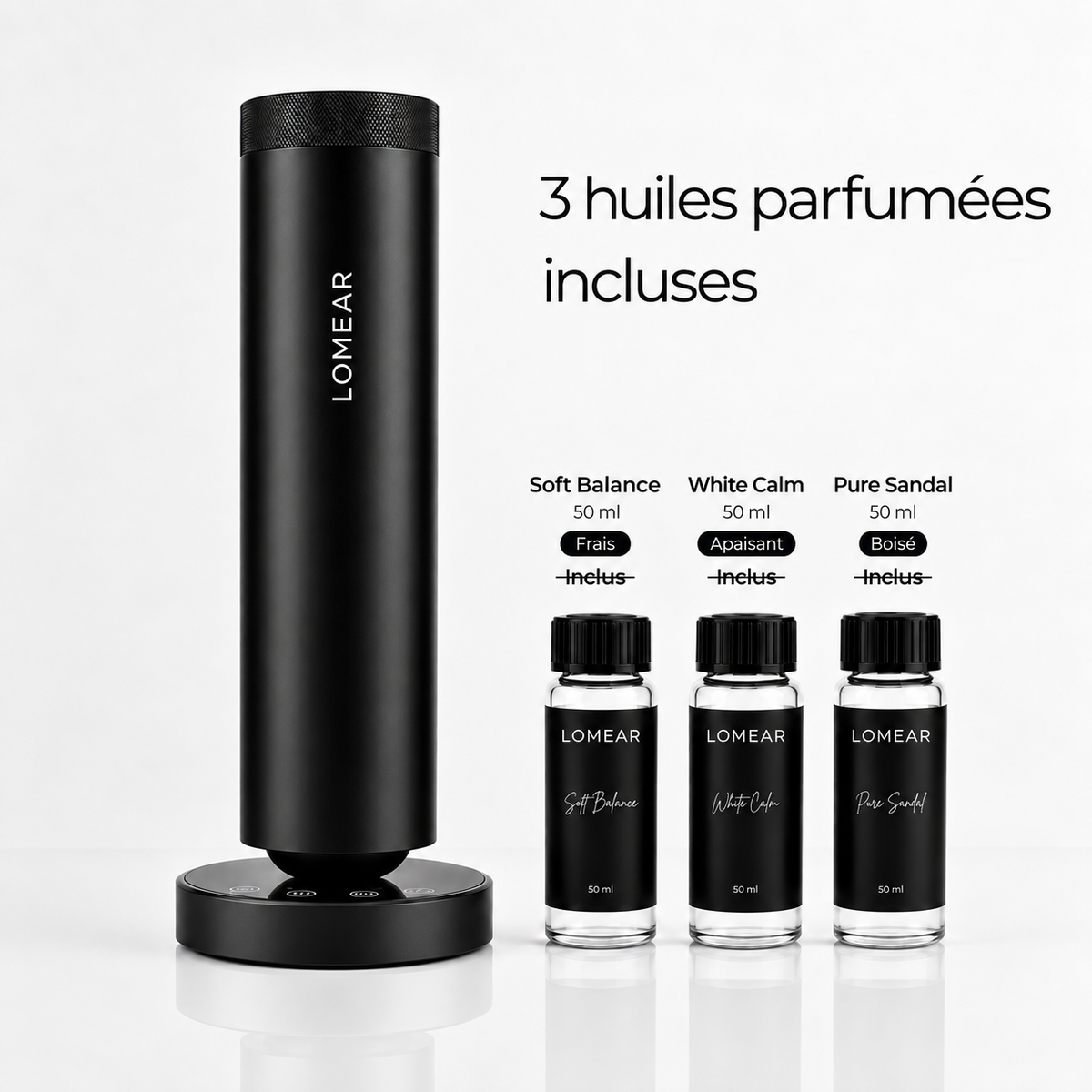 Diffuseur noir AURA ONE et trois huiles parfumées du coffret