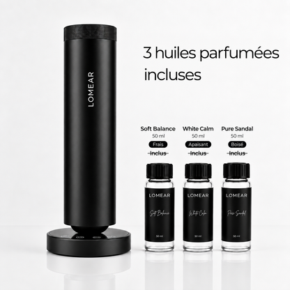 Diffuseur noir AURA ONE et trois huiles parfumées du coffret