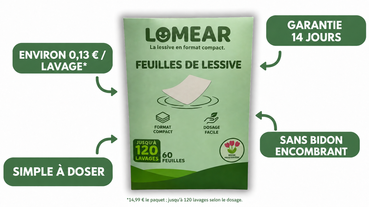 Feuilles de lessive LOMEAR et bénéfices d’usage illustrés