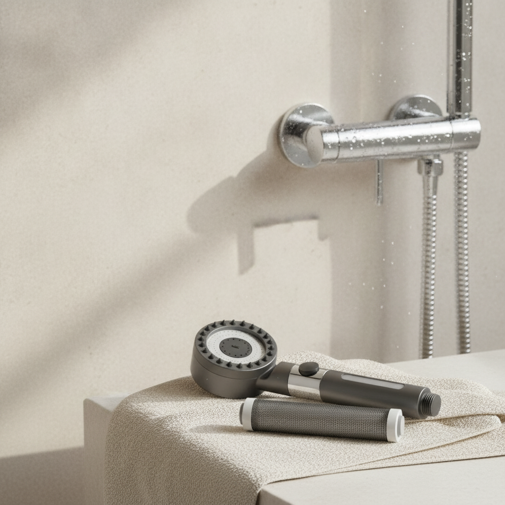 Robinetterie de douche avec des traces d'eau dans une salle de bain claire