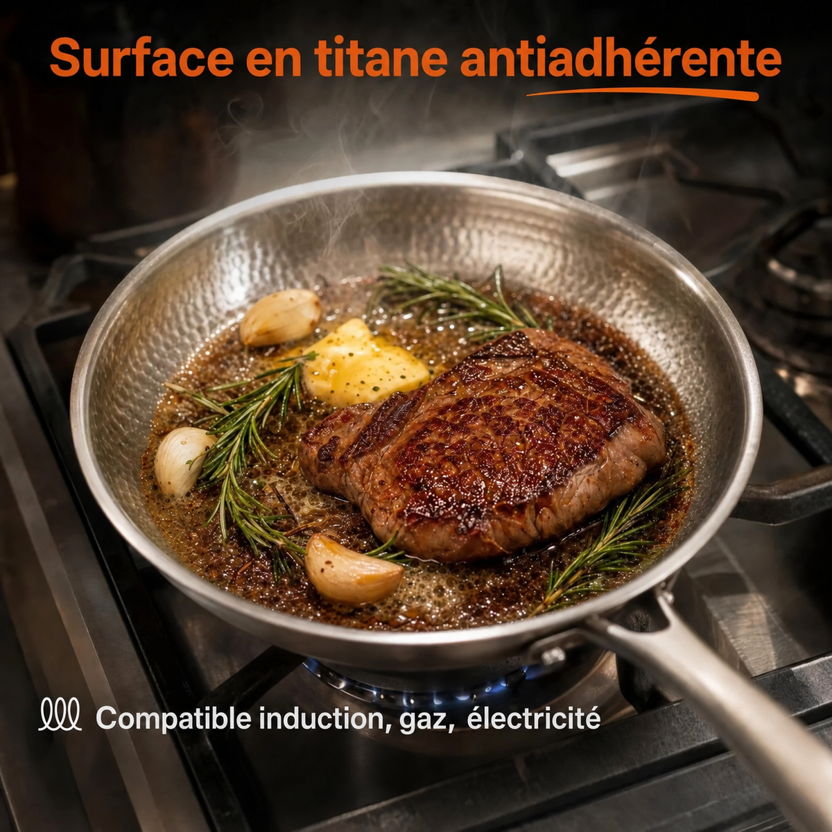 Cuisson d’un steak dans la poêle en titane