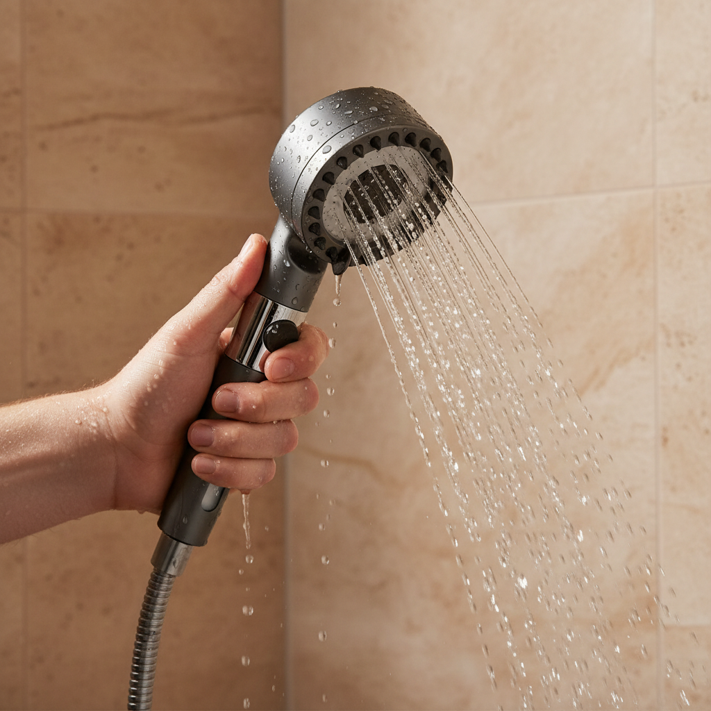Pommeau AquaSoft utilisé sous un jet d'eau dans une douche contemporaine