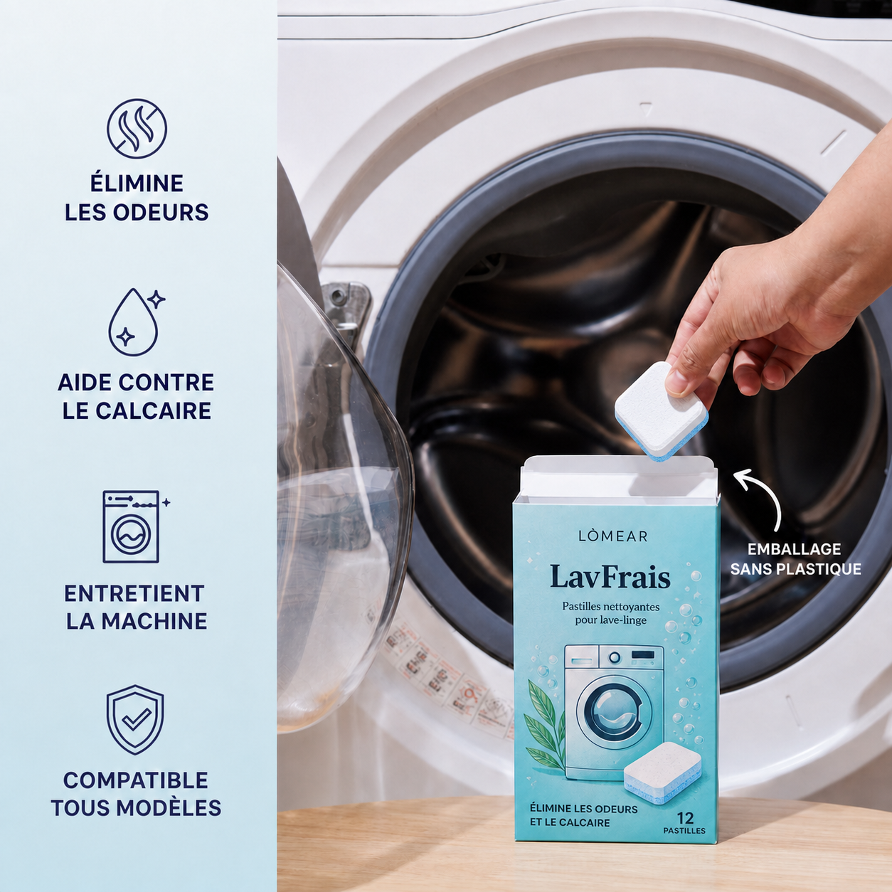 Une vraie pastille LavFrais placée dans le tambour vide