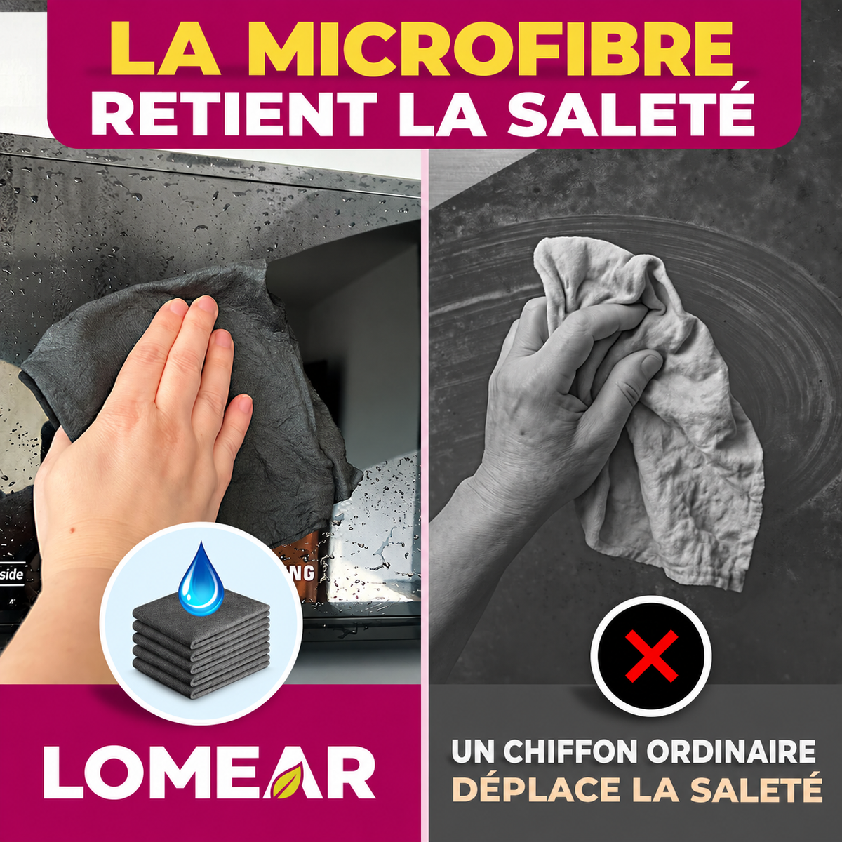 Comparaison entre une lavette microfibre et un chiffon ordinaire