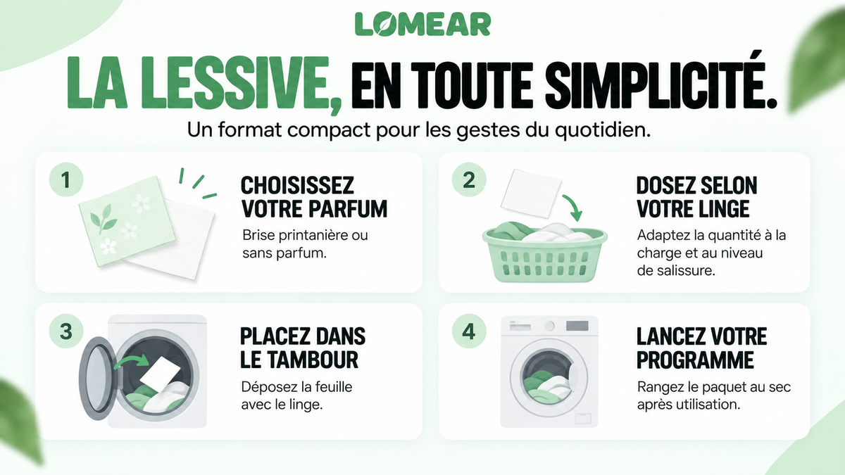 Trois étapes illustrées pour utiliser les feuilles de lessive