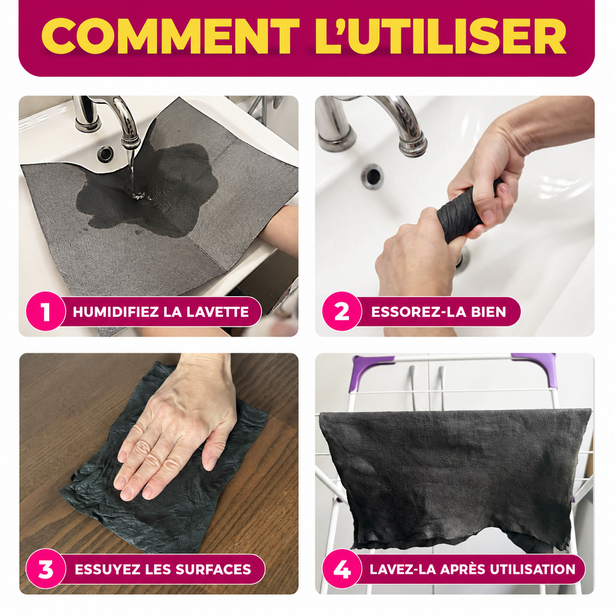 Quatre gestes pour utiliser et entretenir une lavette microfibre