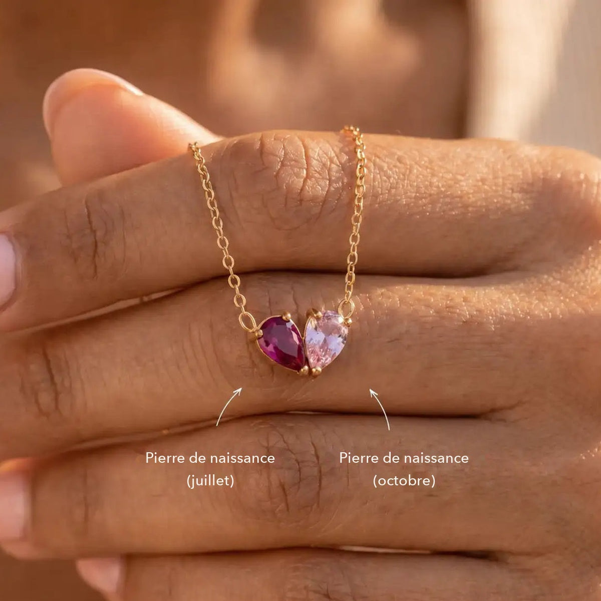 Deux pierres de naissance du collier Veria : juillet et octobre