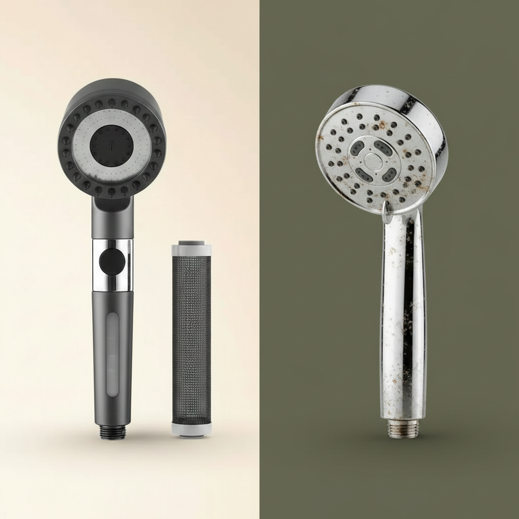 Pommeau AquaSoft avec sa cartouche à côté d'un pommeau de douche classique