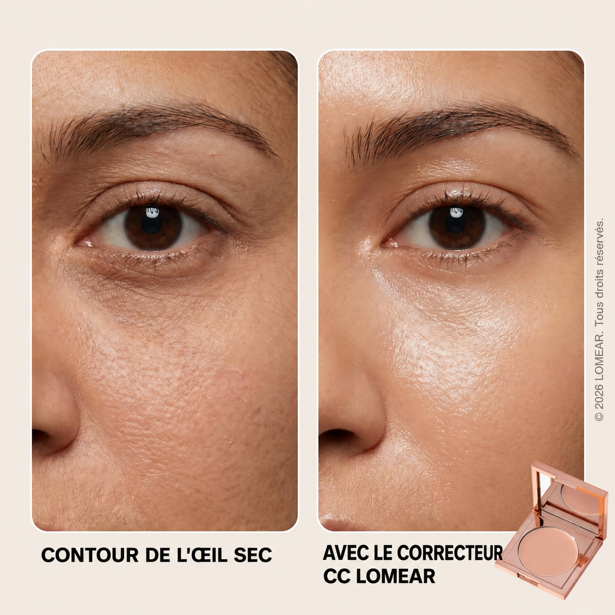Contour de l'œil sec avant et après correcteur CC