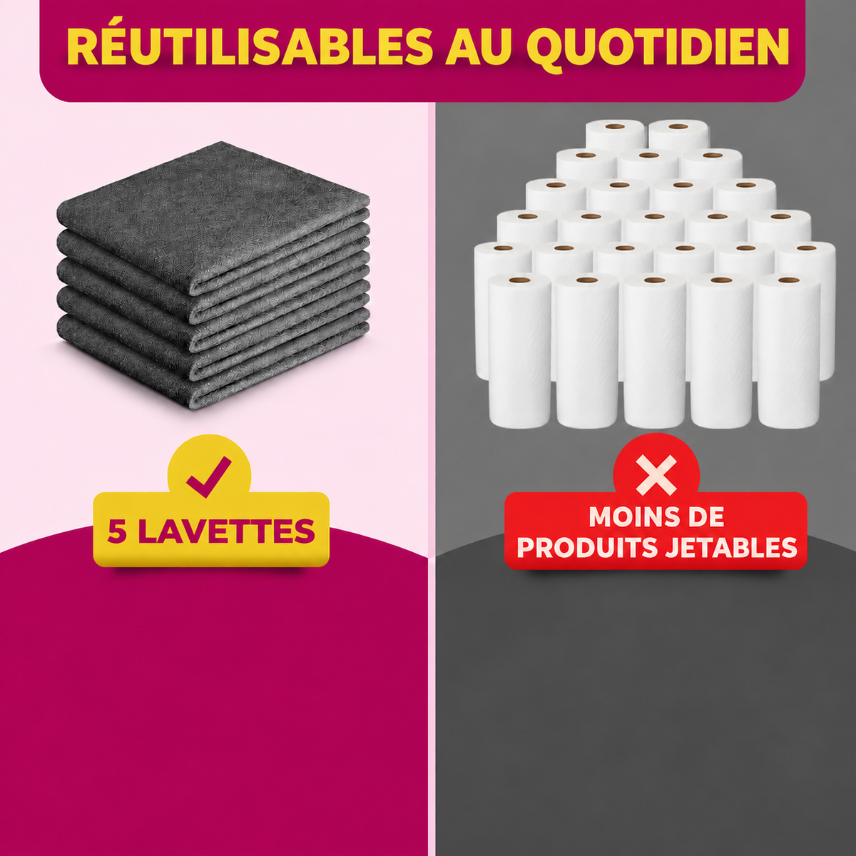 Illustration de cinq lavettes réutilisables face à des produits jetables