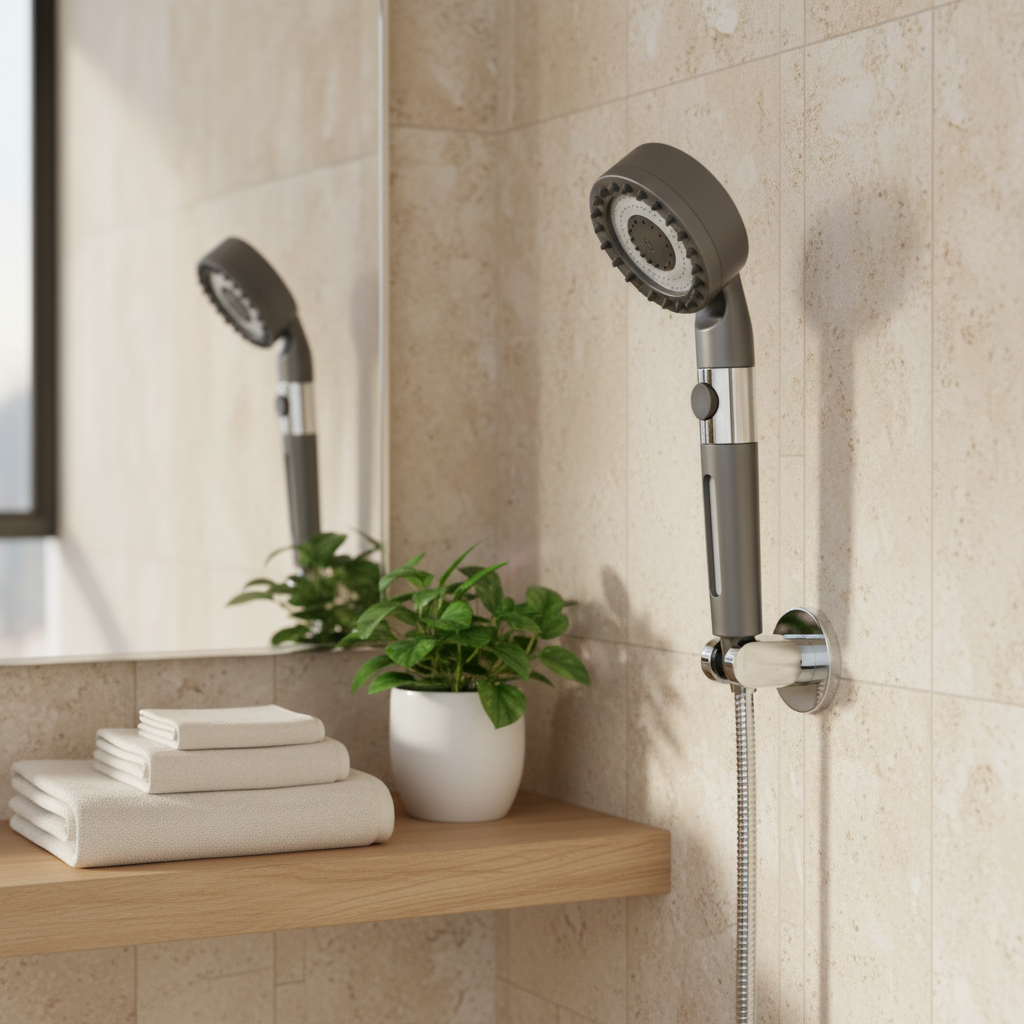 Rituel de douche avec AquaSoft dans une salle de bain lumineuse