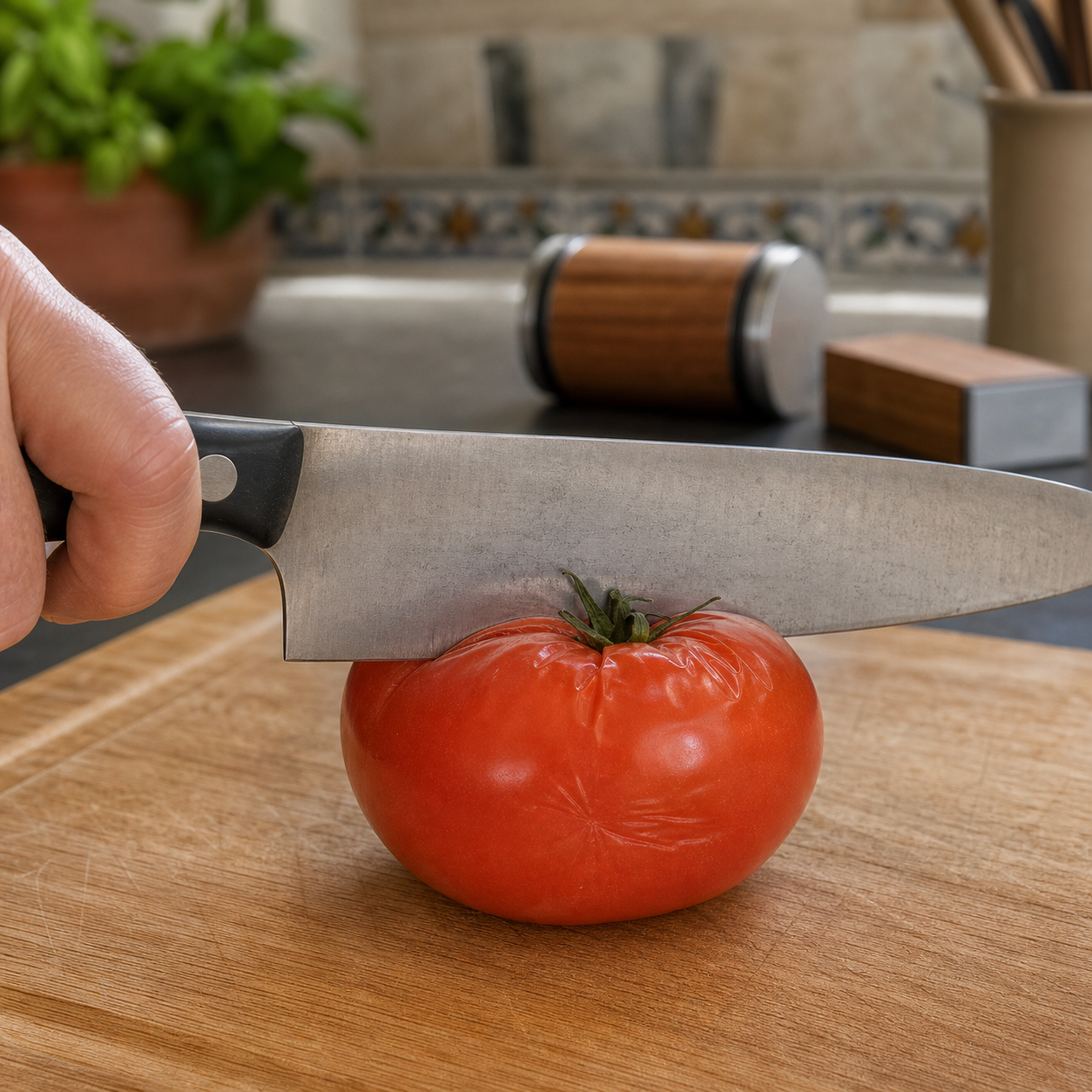 Couteau émoussé qui écrase la peau d'une tomate avant aiguisage