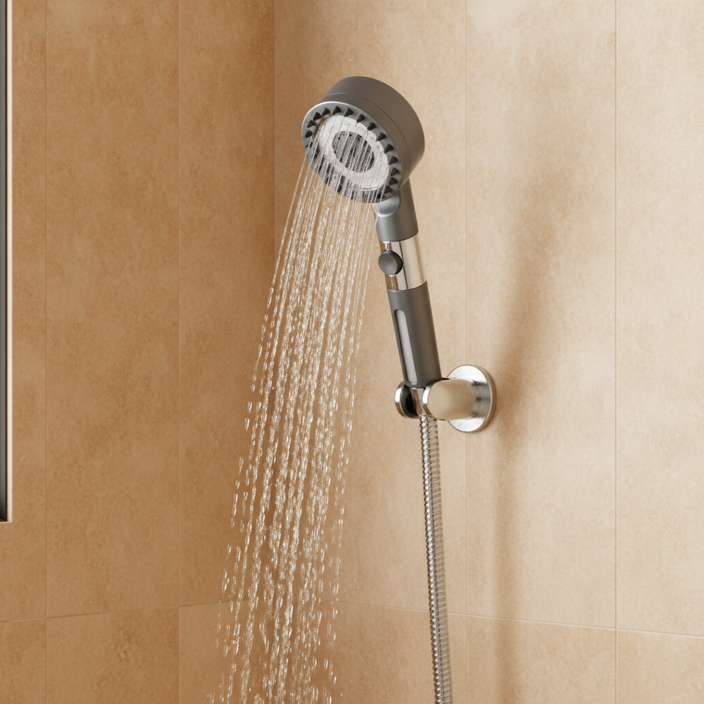 Jet d'eau régulier sortant du pommeau de douche AquaSoft