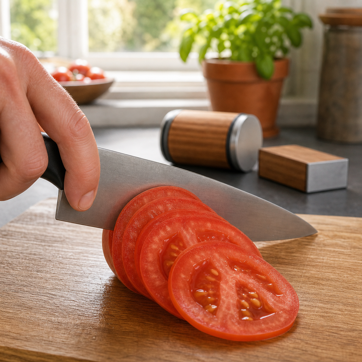 Couteau qui découpe de fines tranches de tomate après aiguisage