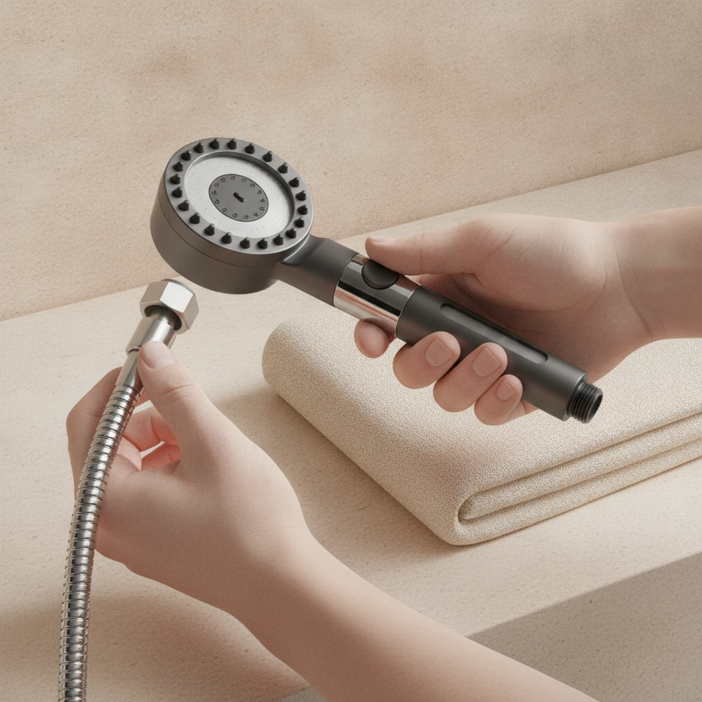 Main raccordant le pommeau AquaSoft à un flexible de douche