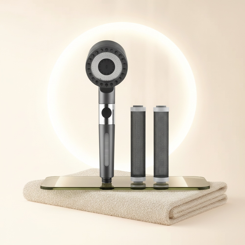 Pommeau AquaSoft et cartouche présentés dans une ambiance de salle de bain premium