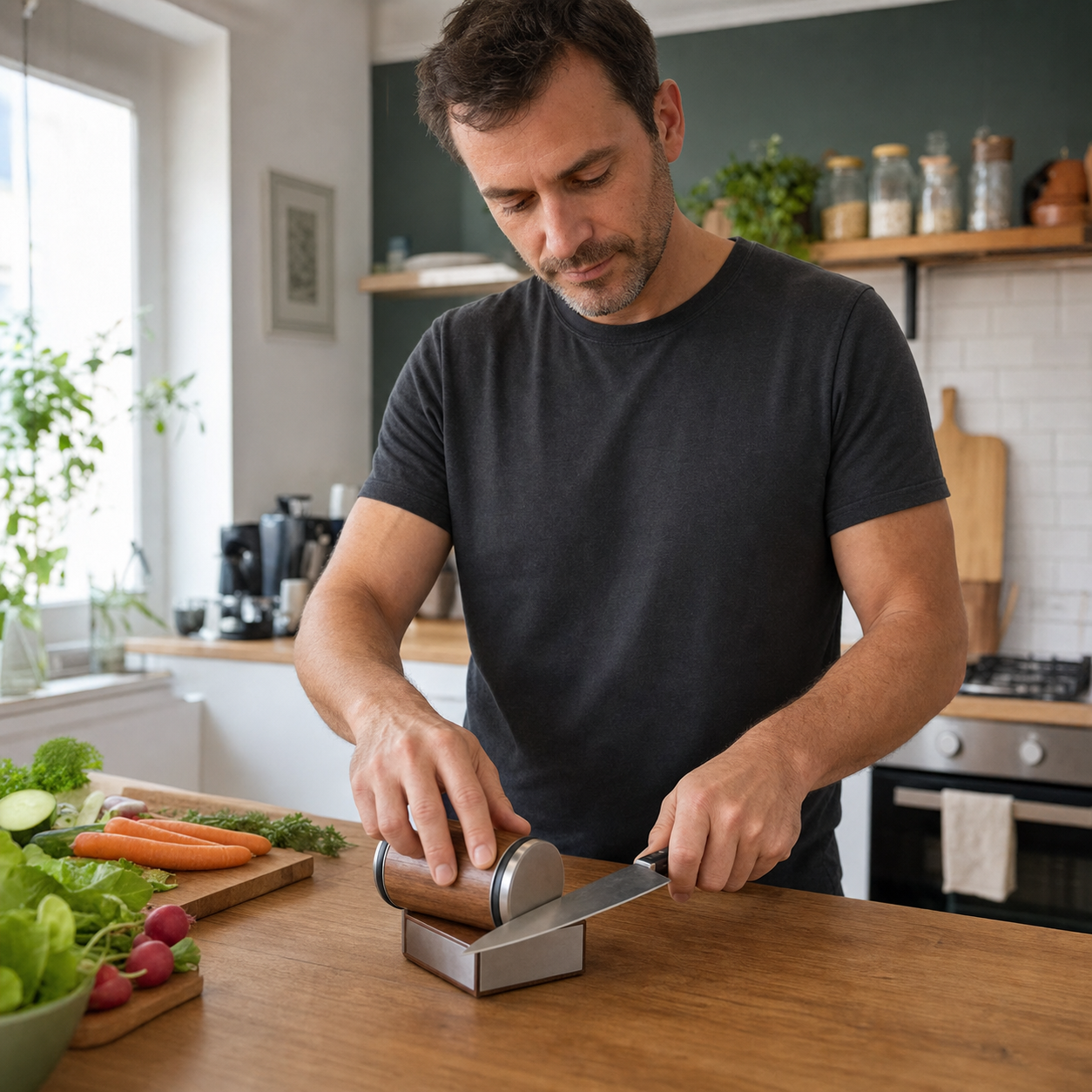 Homme utilisant l'aiguiseur AffûtePro dans une cuisine française