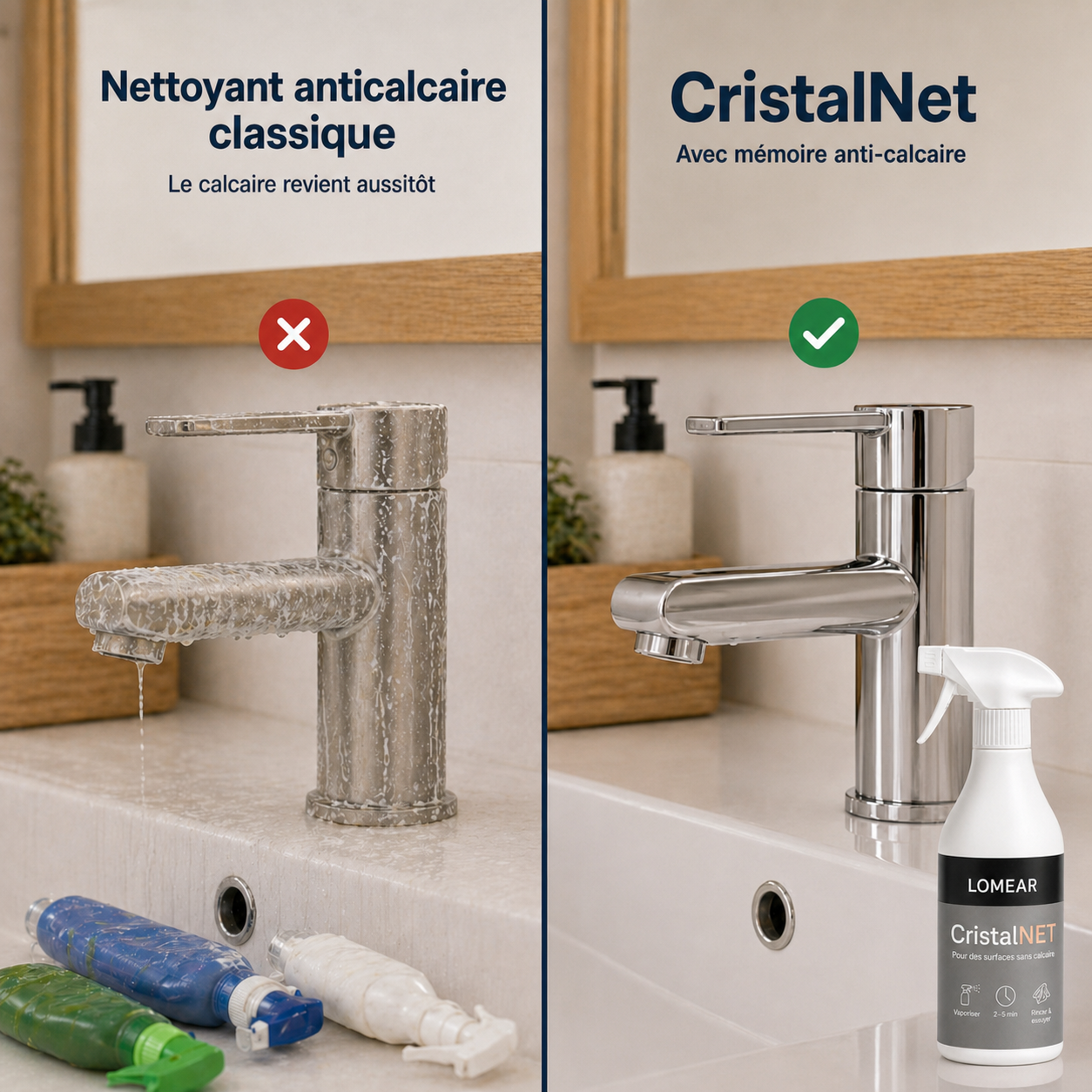 Robinet entartré comparé au même robinet propre avec CristalNet