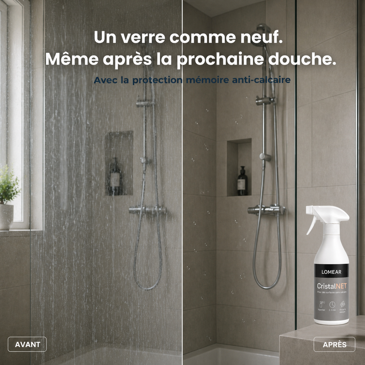 Paroi de douche entartrée puis nette avec le spray CristalNet