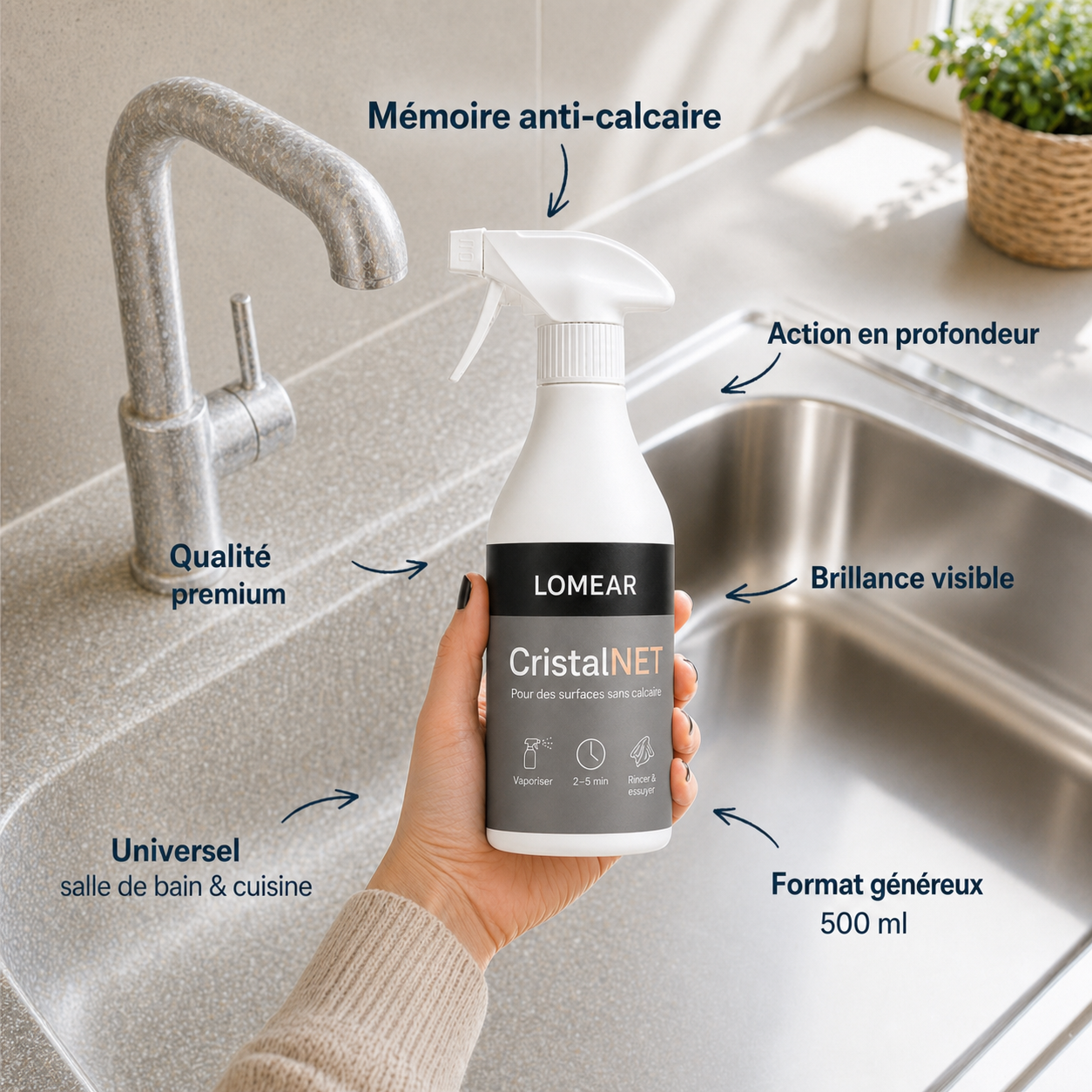 Spray CristalNet tenu devant un évier et un robinet de cuisine entartré