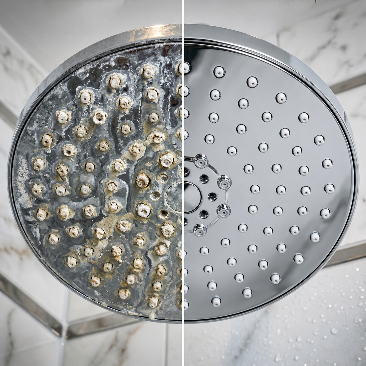 Pommeau de douche très entartré puis propre