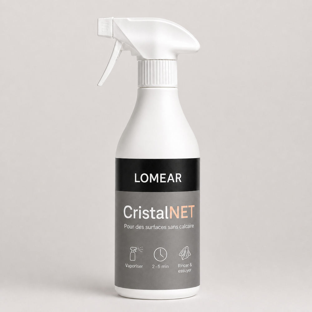Spray CristalNet isolé de face sur un fond gris clair