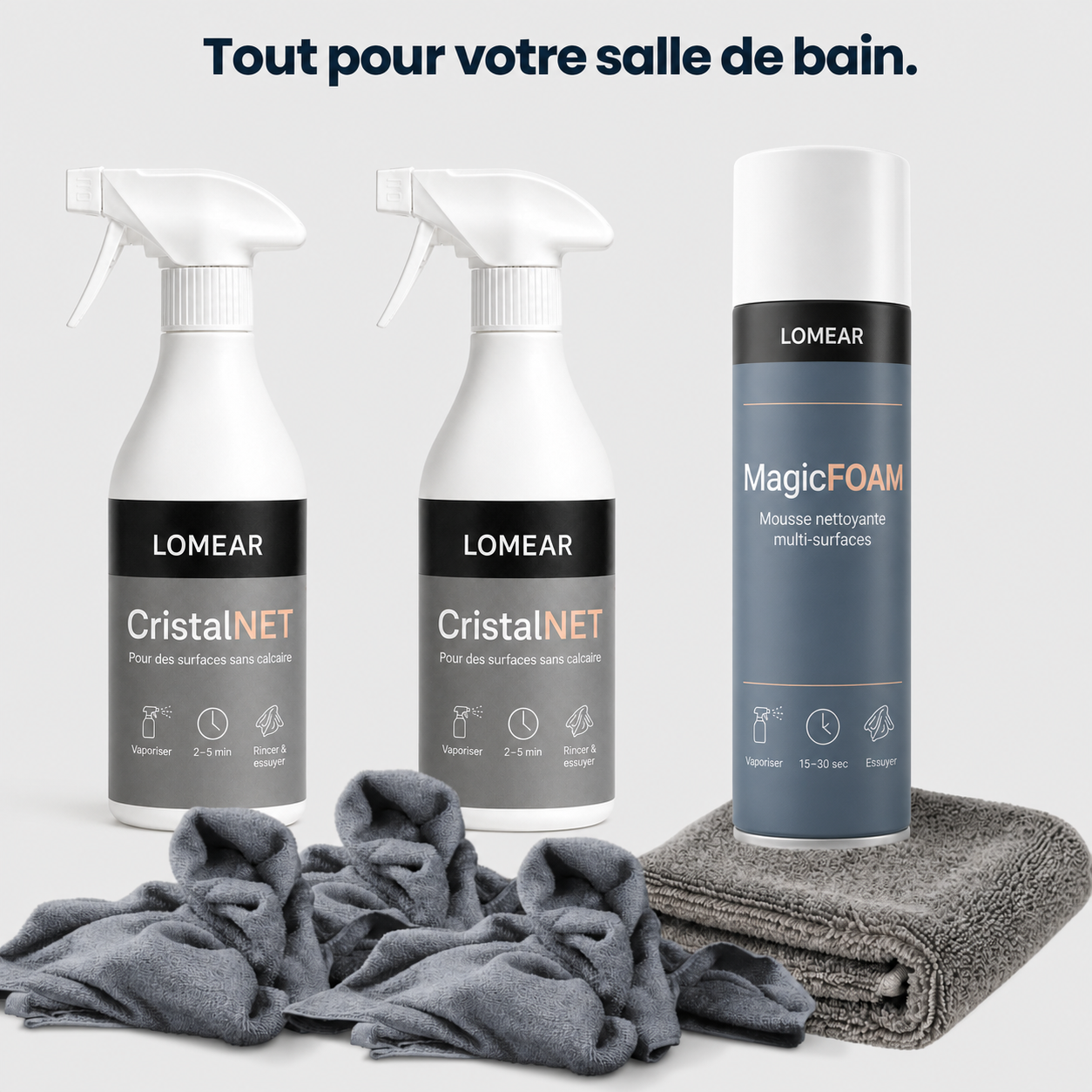Set salle de bain avec deux sprays CristalNet, une mousse nettoyante et des textiles microfibres
