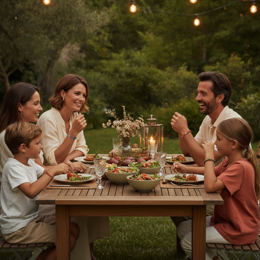 Famille portant les bracelets MoustiZen pendant un dîner au jardin