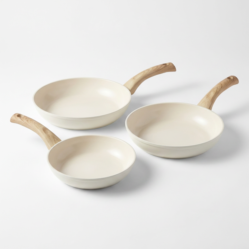 Set 3 poêles céramique ivoire Lomear — sans PFAS, sans PTFE