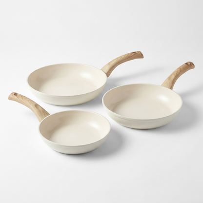 Set 3 poêles céramique ivoire Lomear — sans PFAS, sans PTFE