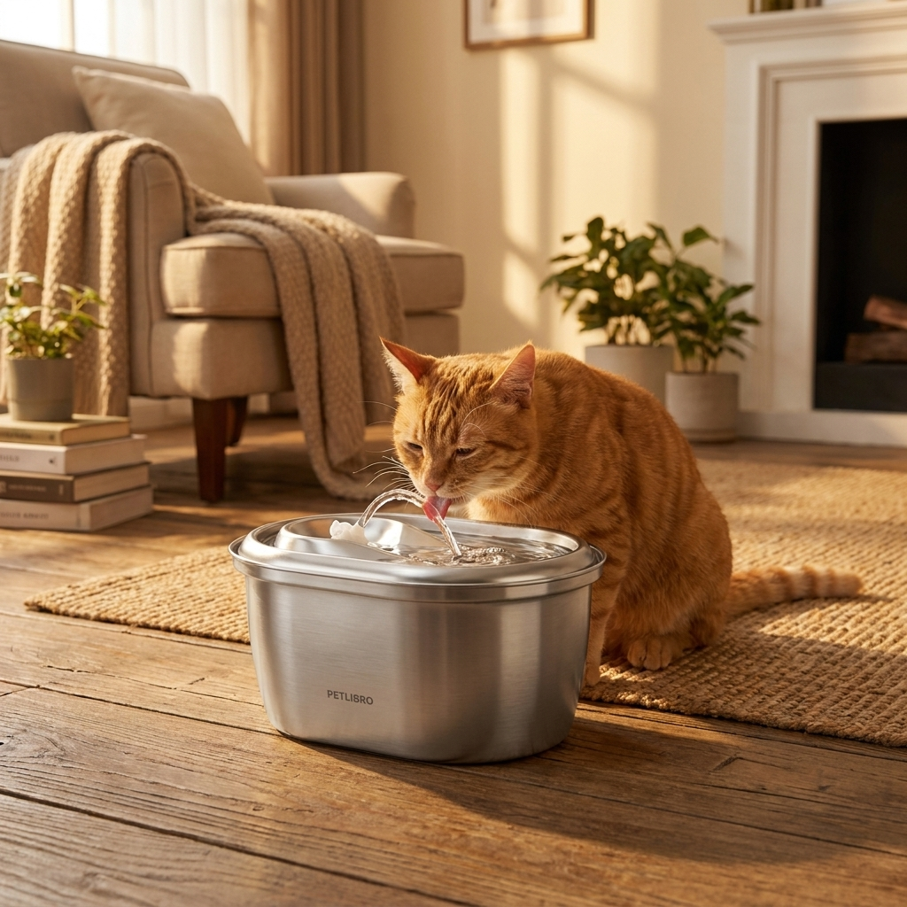 Chat buvant à la fontaine — eau filtrée 2,5L, lumière douce