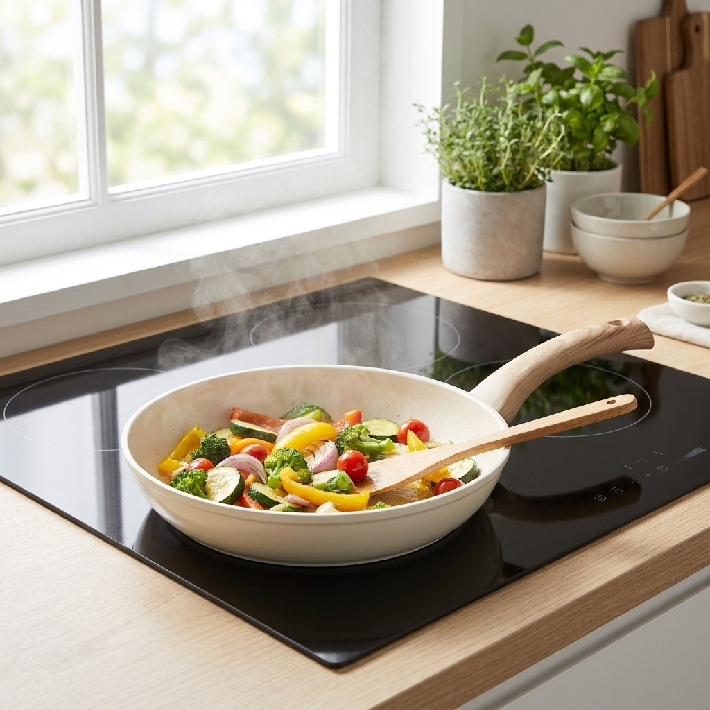 Cuisson sur induction — poêle ivoire céramique, légumes sautés