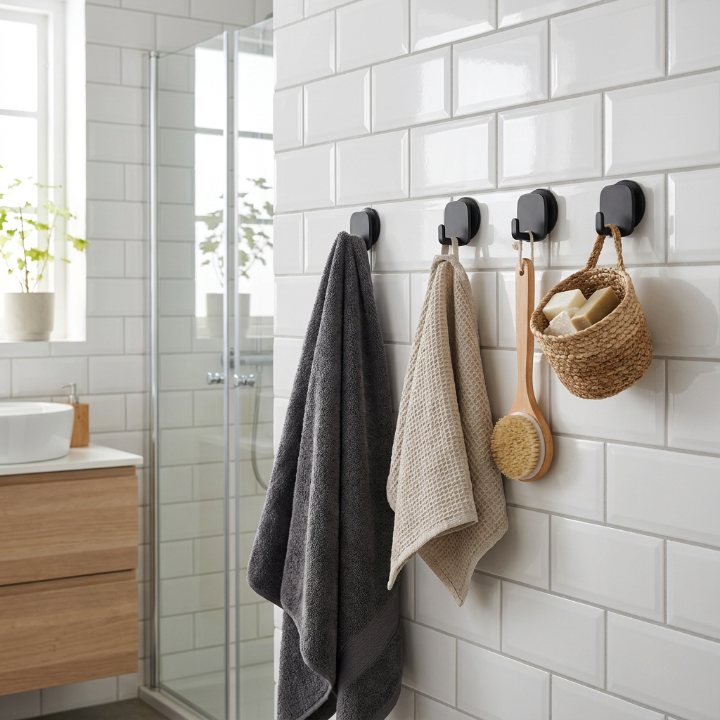 Crochets muraux sans perçage — salle de bain organisée