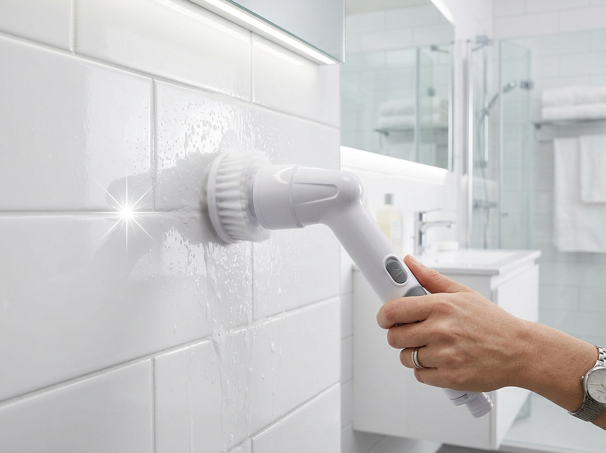 Nettoyage carrelage et joints — brosse électrique en action
