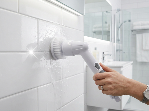 Nettoyage carrelage et joints — brosse électrique en action