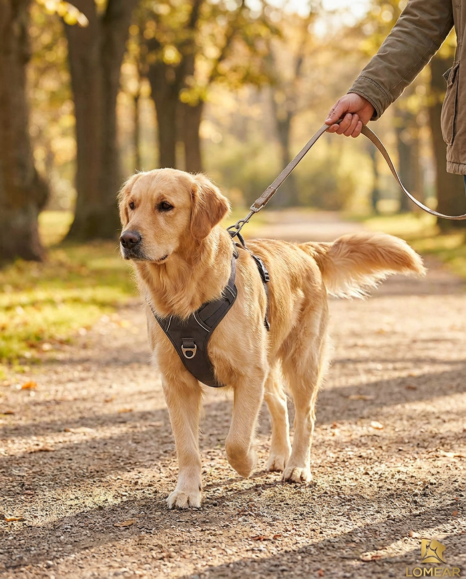 Golden Retriever portant le harnais ProWalk™ — balade détendue en extérieur