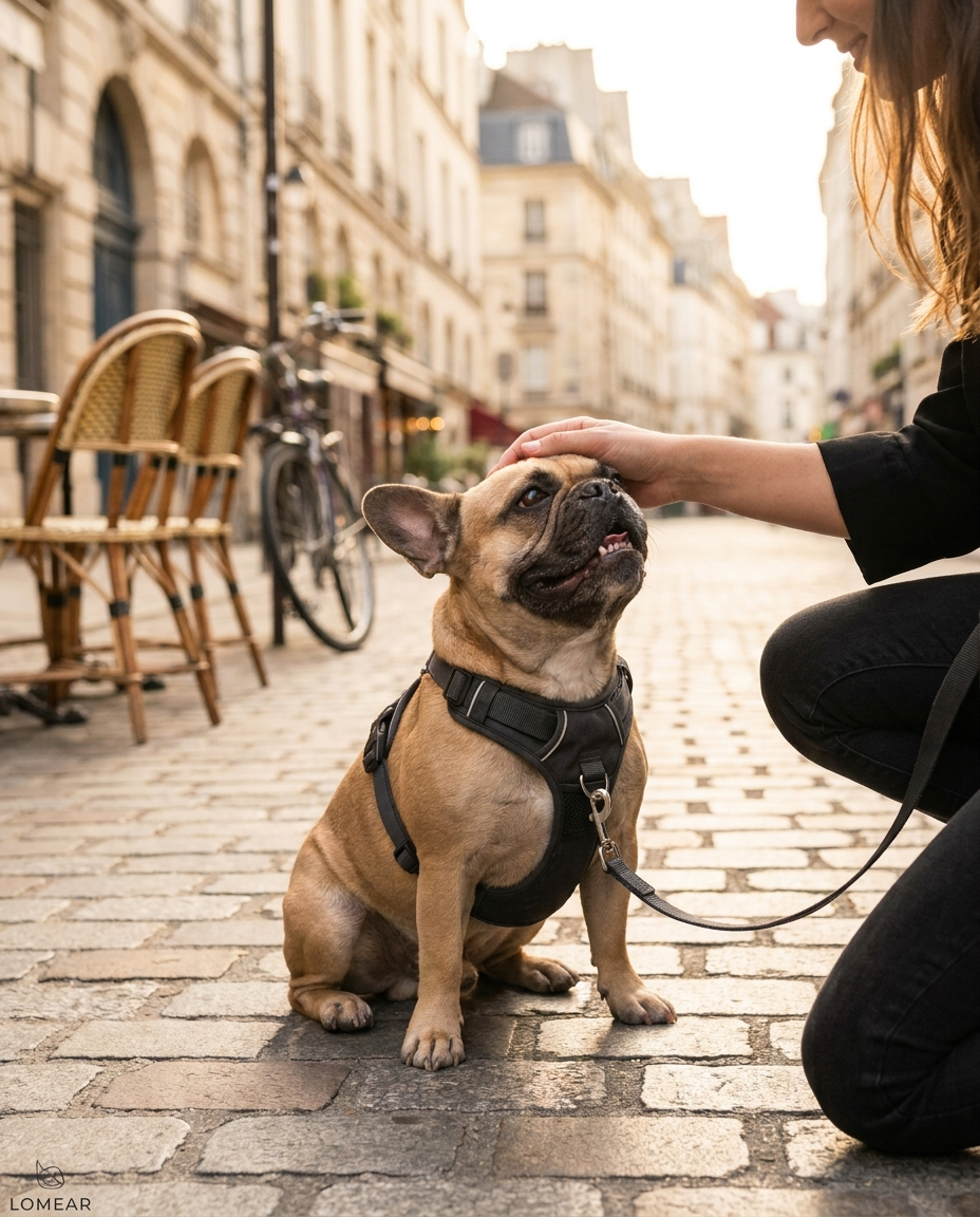 Bouledogue français avec harnais ProWalk™ — balade sereine à Paris
