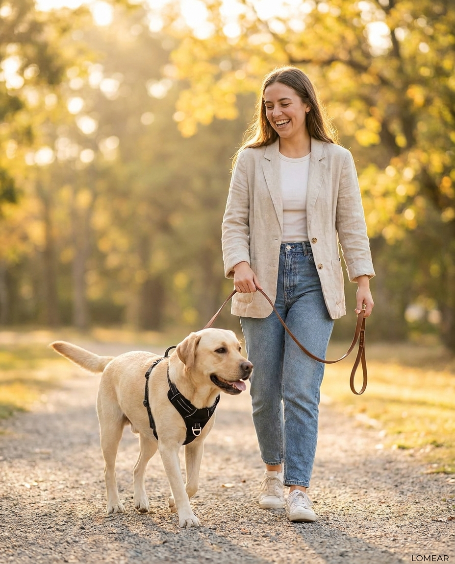 Femme et son Labrador en balade sereine — harnais ProWalk™ Lomear
