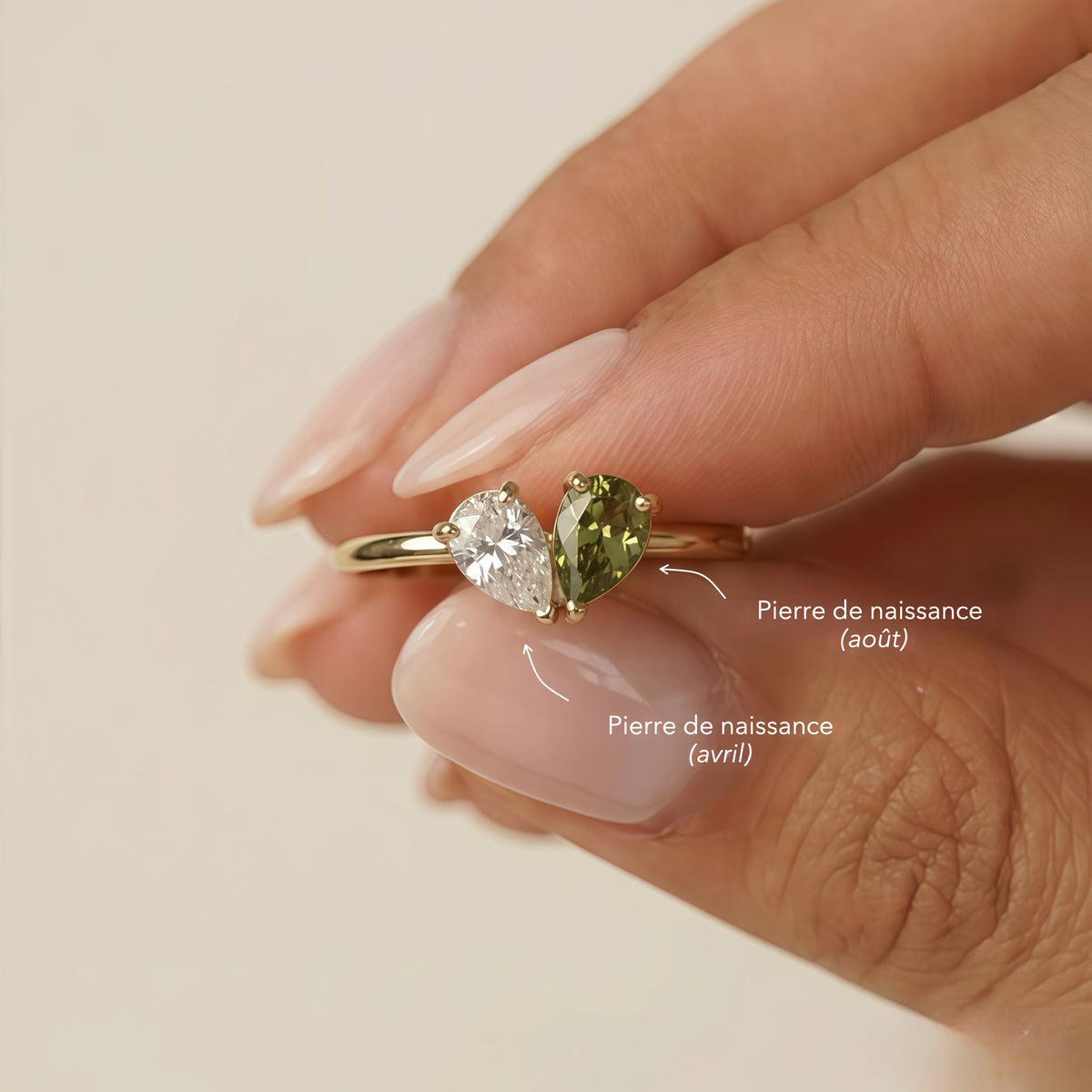 Bague Veria tenue entre les doigts, pierres de naissance août et avril