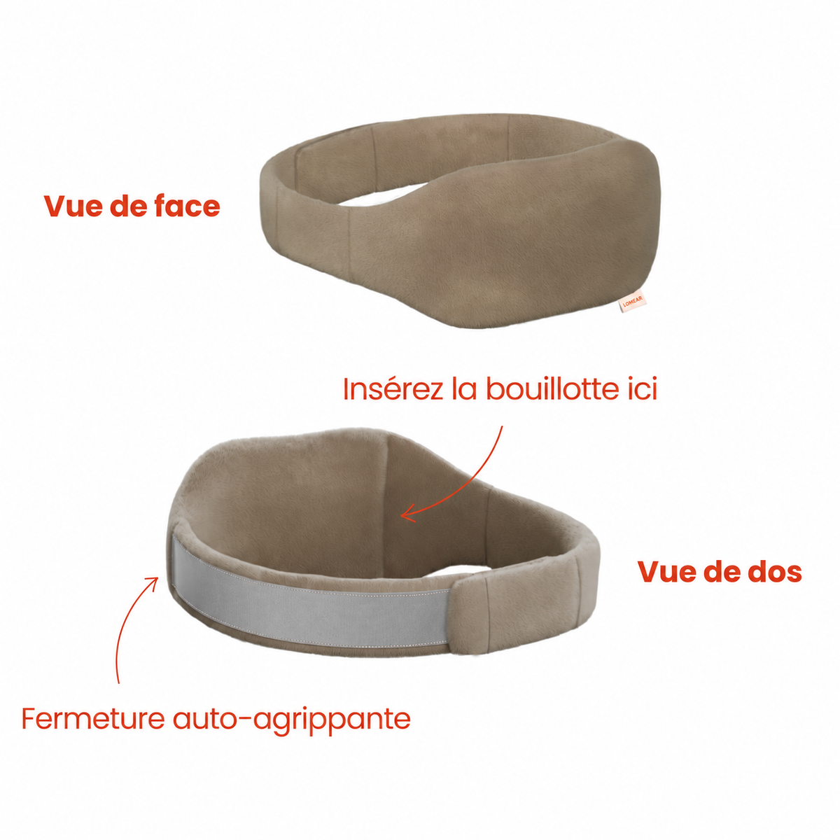 Insertion de la bouillotte et fermeture auto-agrippante de la housse