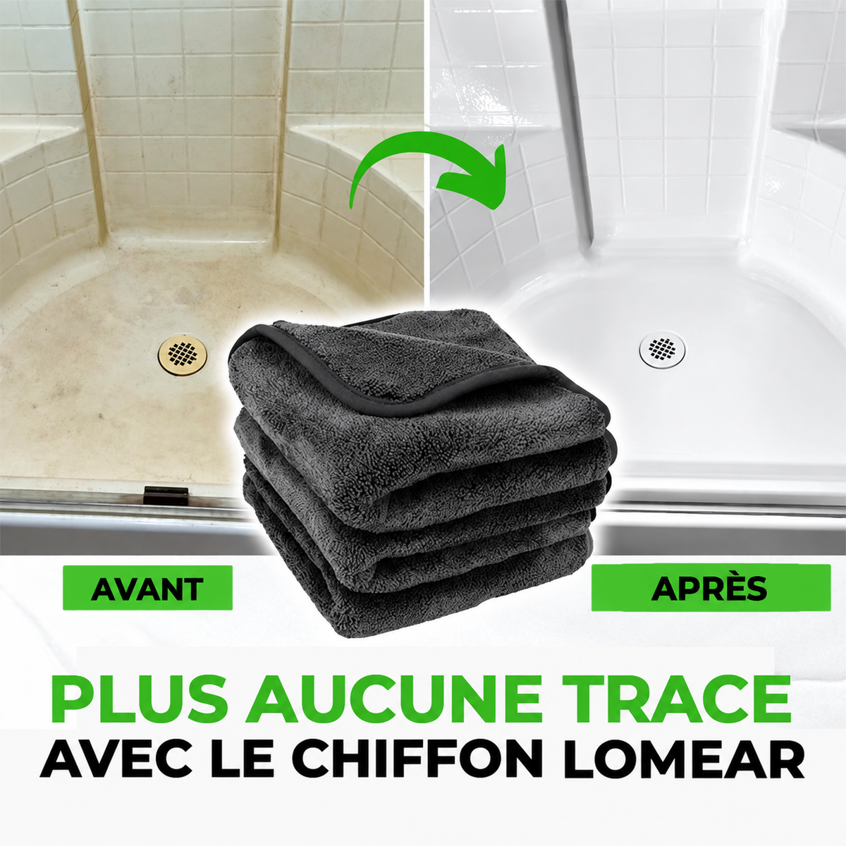 Chiffon microfibre LOMEAR — démonstration sur paroi de douche