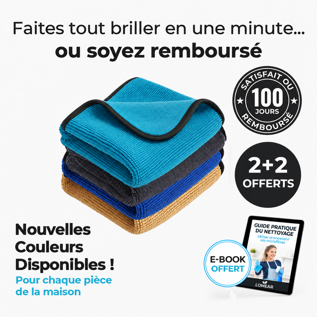 Chiffons microfibres turquoise, noir, bleu et beige