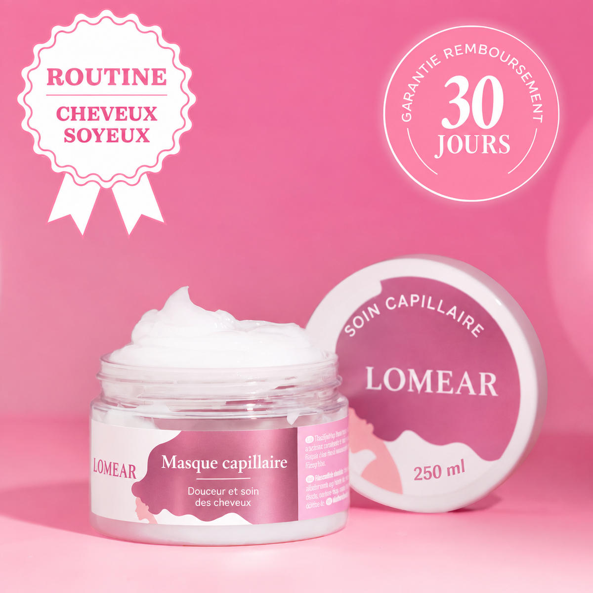 Pot de masque capillaire LOMEAR ouvert, crème blanche et couvercle sur fond rose