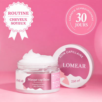 Pot de masque capillaire LOMEAR ouvert, crème blanche et couvercle sur fond rose