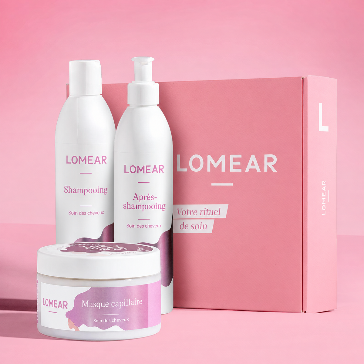 Masque, shampooing et après-shampooing avec leur boîte
