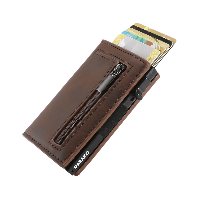 Portefeuille Future marron avec cartes sorties du mécanisme coulissant