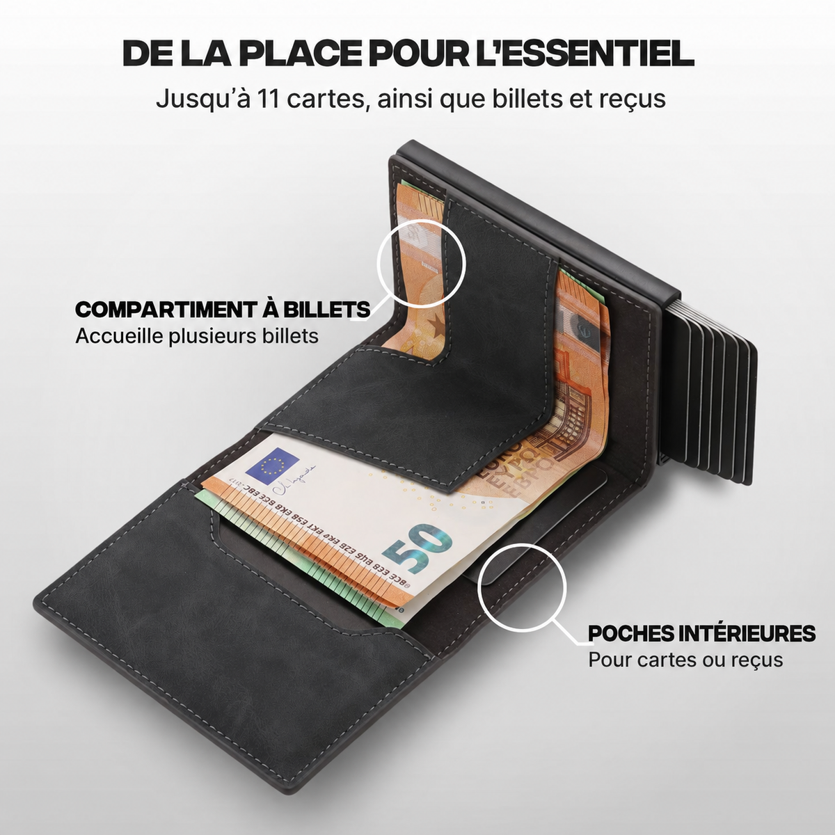 Portefeuille Prime gris anthracite ouvert avec cartes et billets