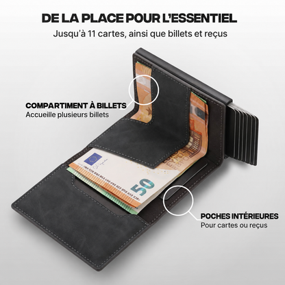 Portefeuille Prime gris anthracite ouvert avec cartes et billets